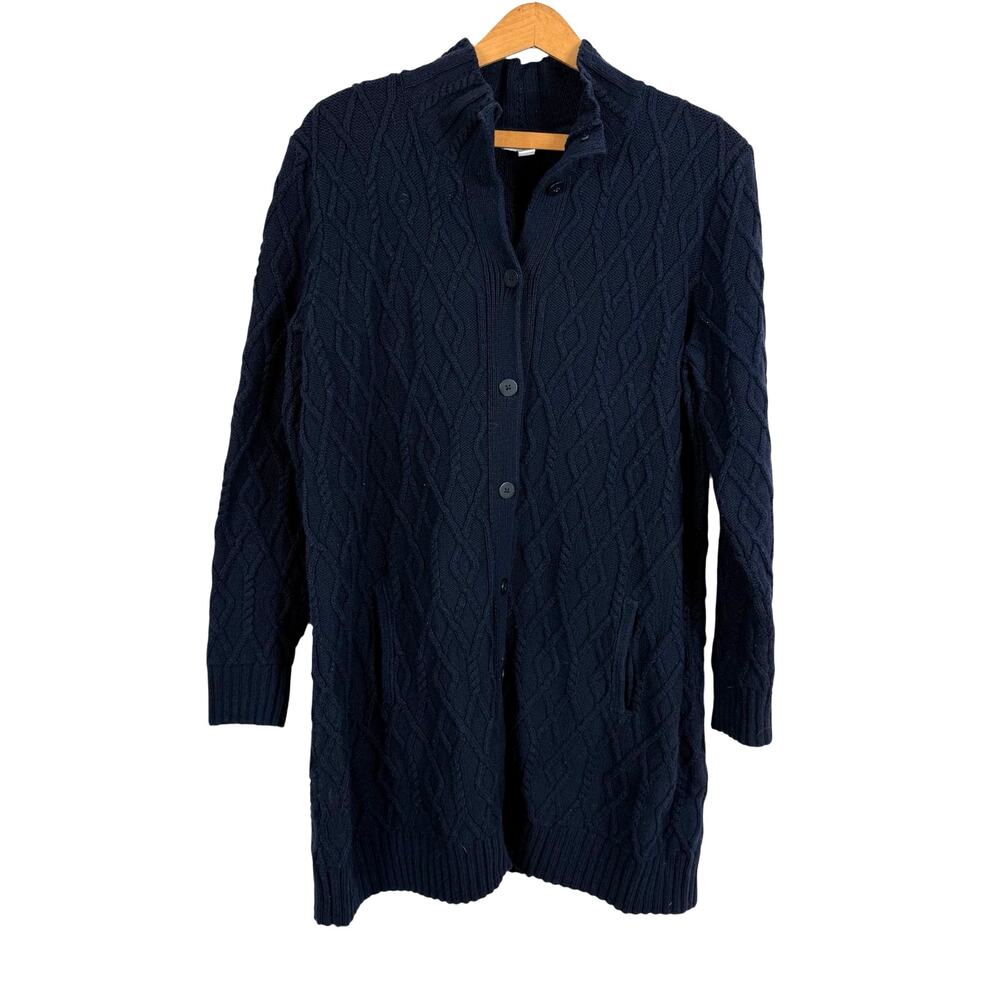 J. Jill Women Navy Cardigan Sweater Cable Knit Size Medium Fisherman Preppy Warm